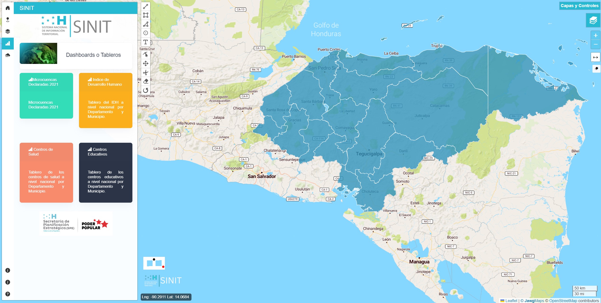 Captura de pantalla de la nueva versión de la plataforma del Sistema Nacional de Información Territorial de Honduras