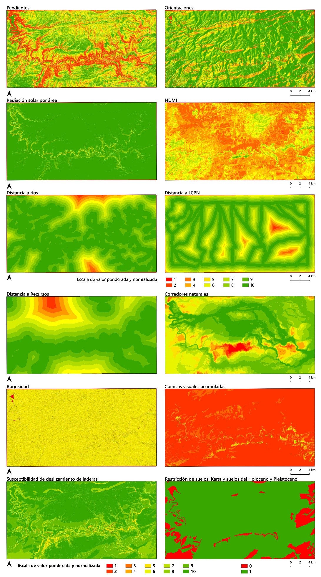 Figura 2. Algunos factores normalizados para los análisis multicriterio. Los mapas finales se realizaron mediante el editor cartográfico de QGIS, muy versátil para estos casos